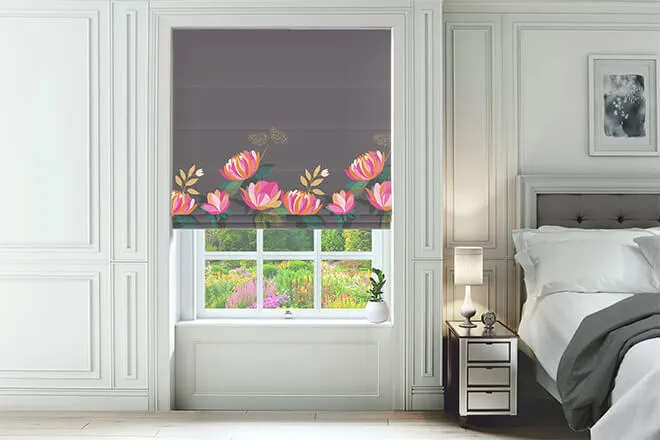 Sara Miller Peony Border Dark Grey - Designer Floral Roman Blind