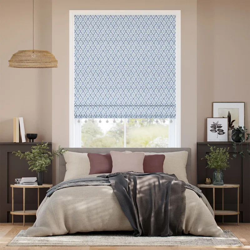 Floral Trellis Pom-pom Blue Roman Blind