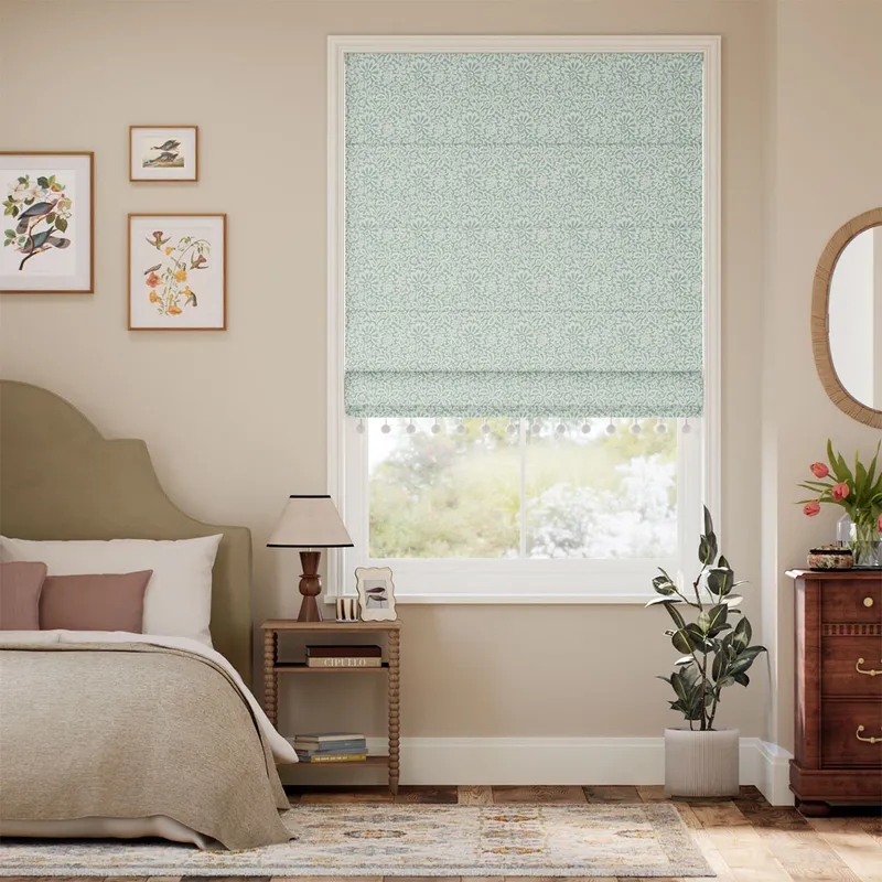Flower Block Pom-pom Aqua Roman Blind