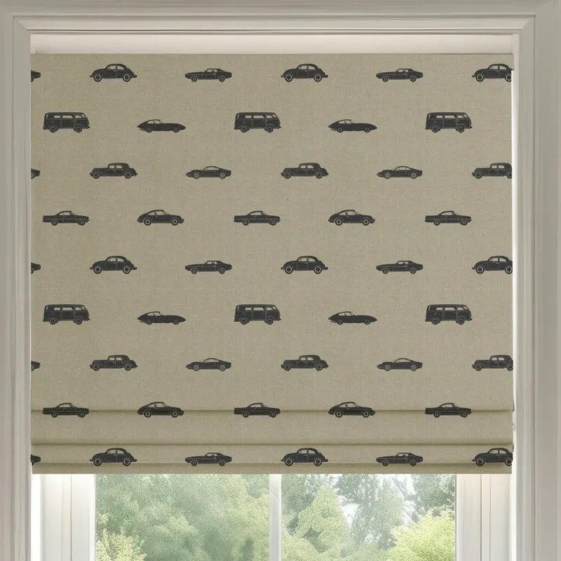 Ante Decor Vintage Cars Printed Cotton Made To Measure Roman Blind Linen Charcoal