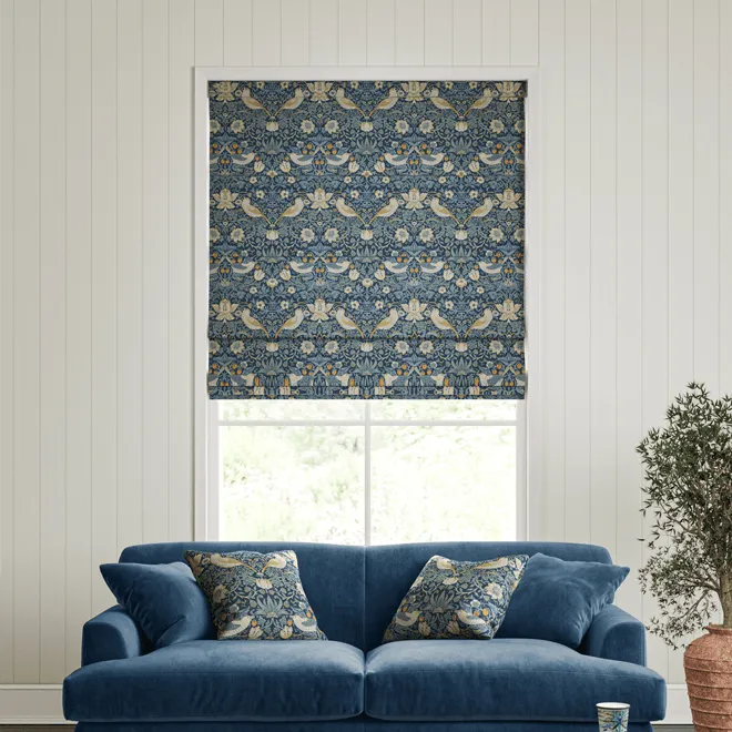 William Morris At Home Strawberry Thief Woad - Designer Roman Blind