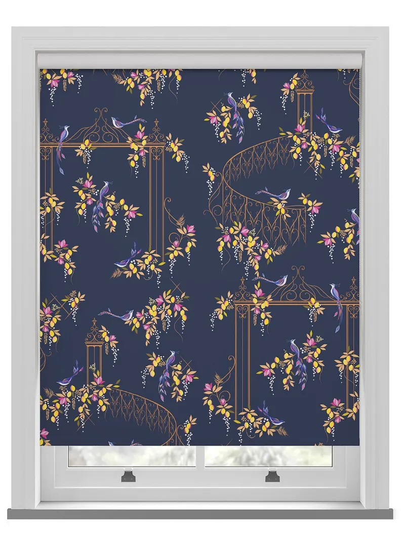 Sara Miller Birds & Gate Deep Navy Roller Blind