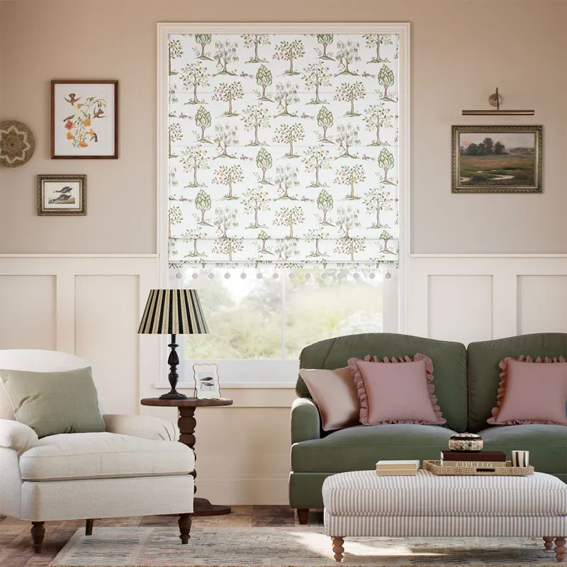 Monkey Tree Pom-pom Green & Blush Roman Blind