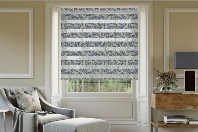 Fiji Blue Floral Day And Night Blind With Ultra Fine Patterned Voile
